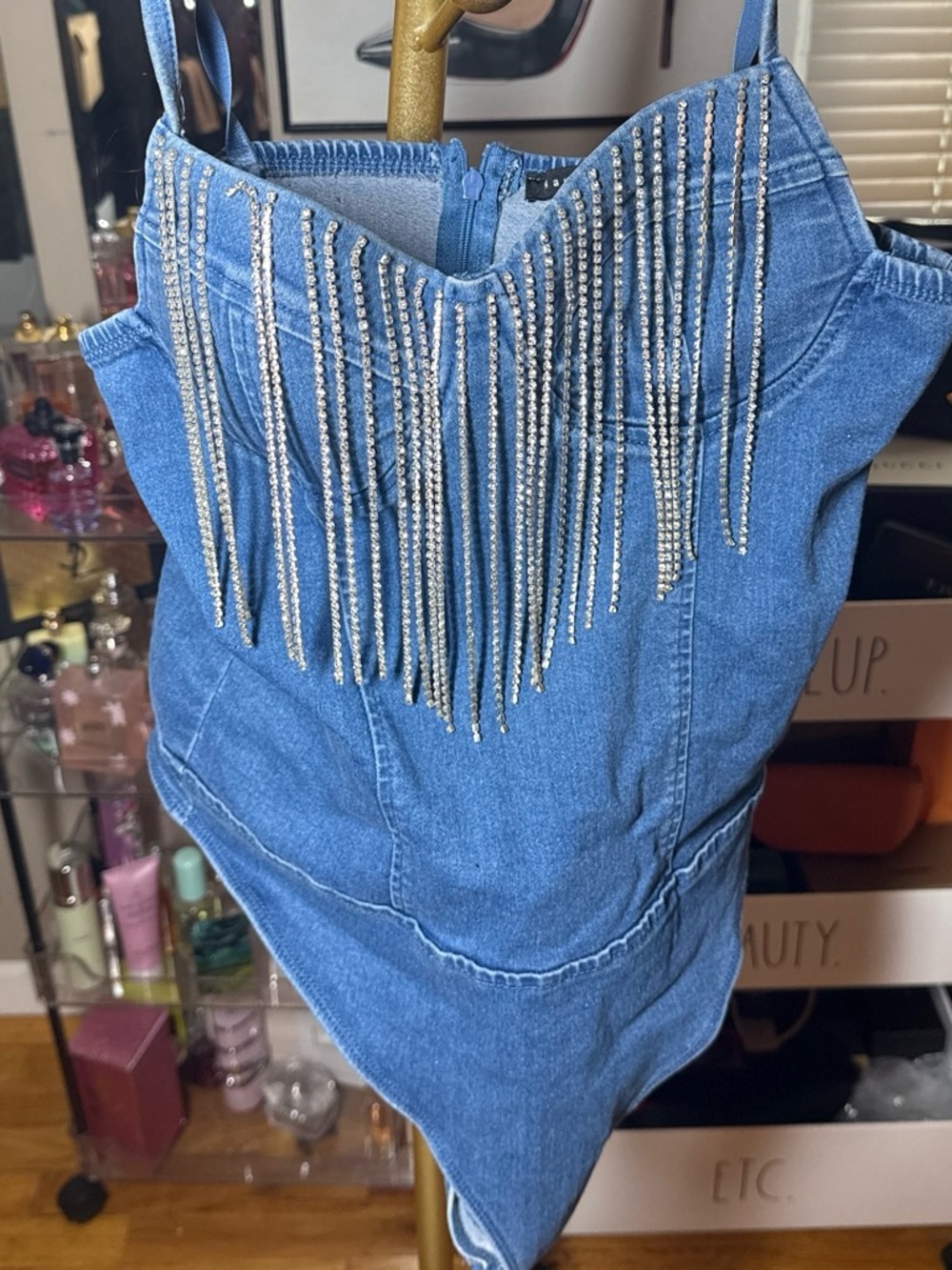 Rhinestone Fringe Denim Mini Dress